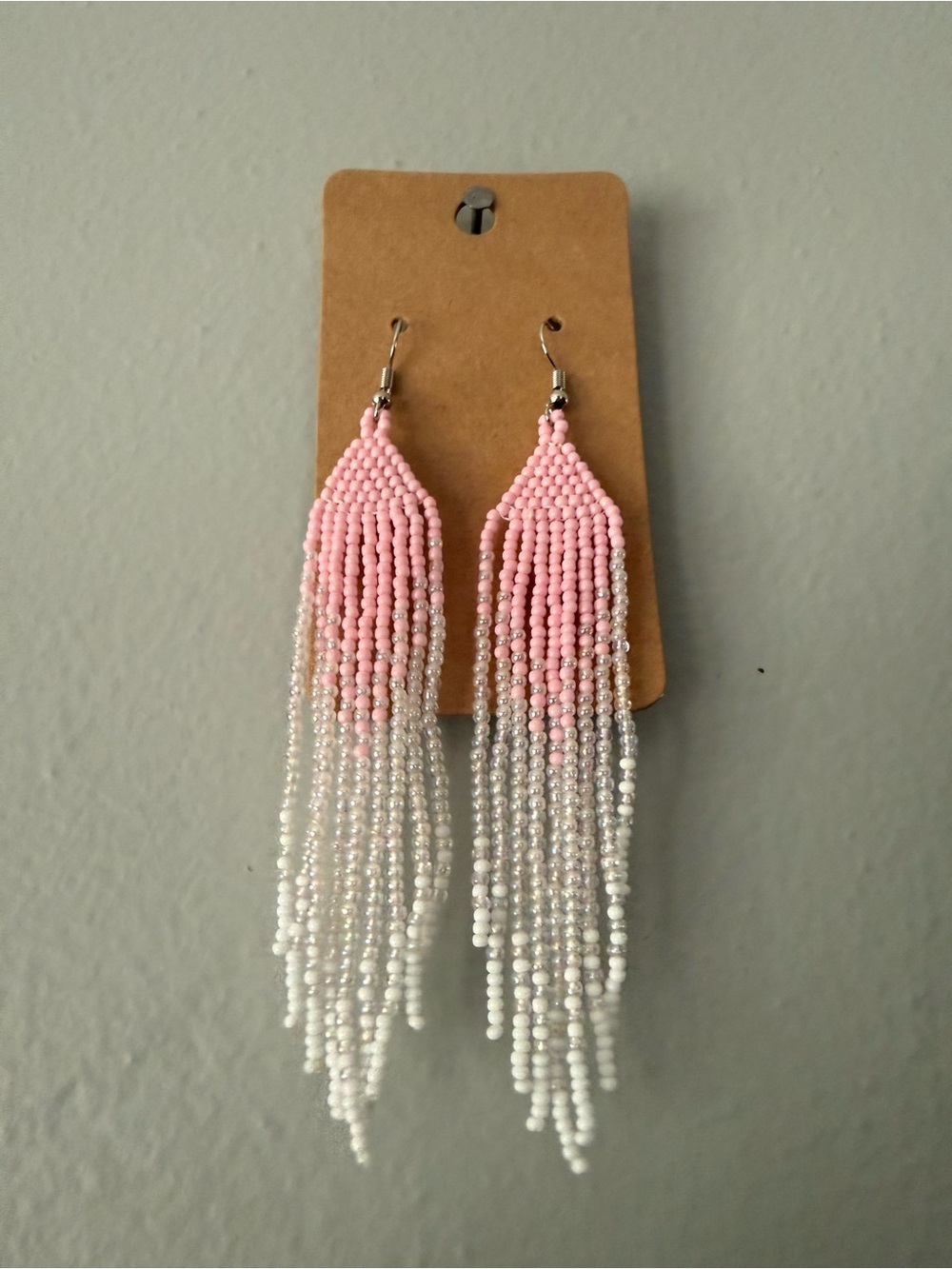 Pink and White Beaded Fringe Drop Earrings - Women Jewelry